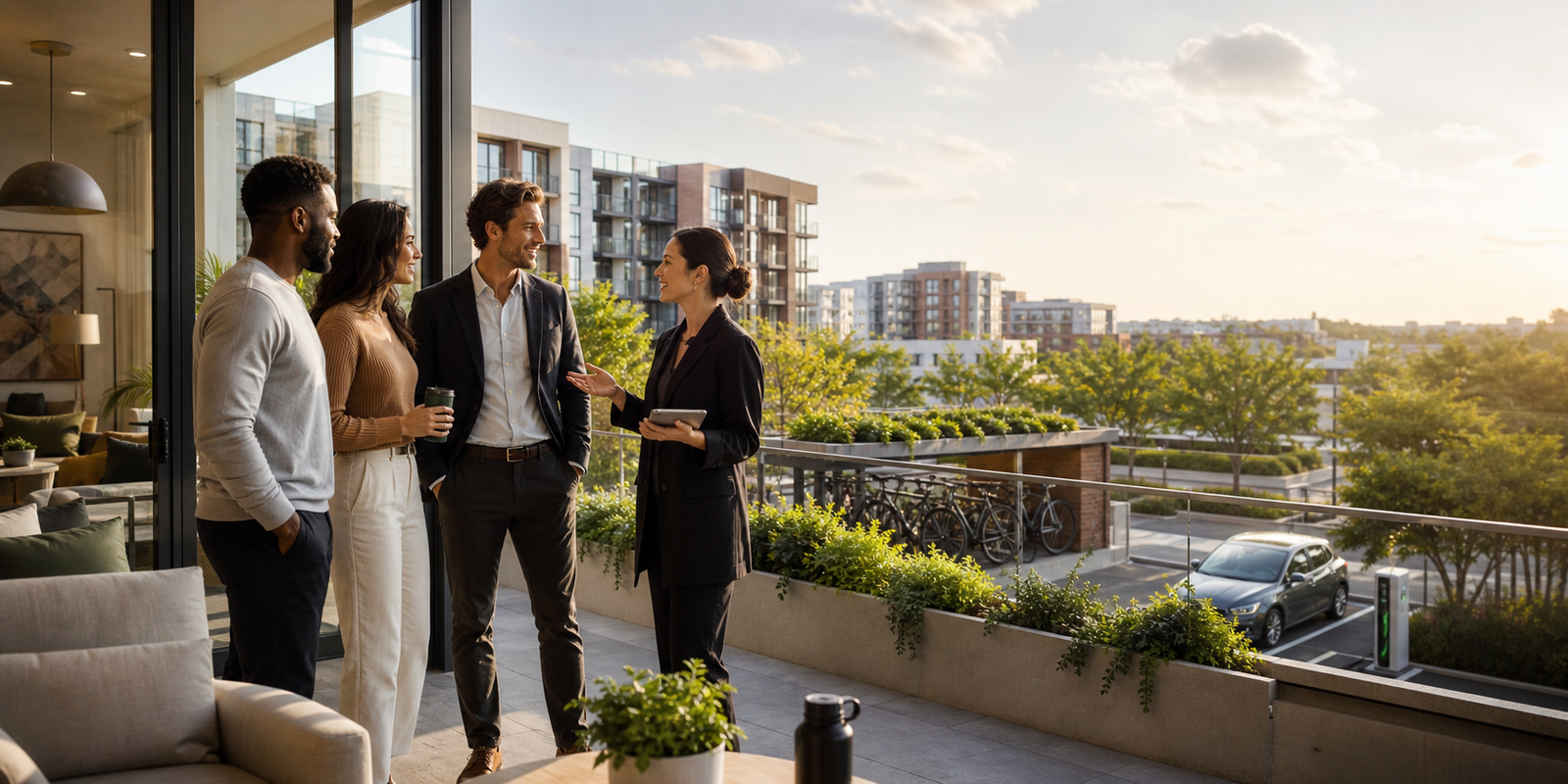 Prospective luxury apartment residents speaking with a leasing professional on a sustainable rooftop amenity terrace